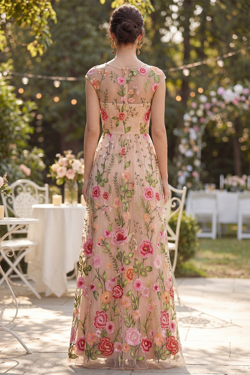 Blush Cap Sleeves Boat Neck A Line Floral Maxi Wedding Guest Dress