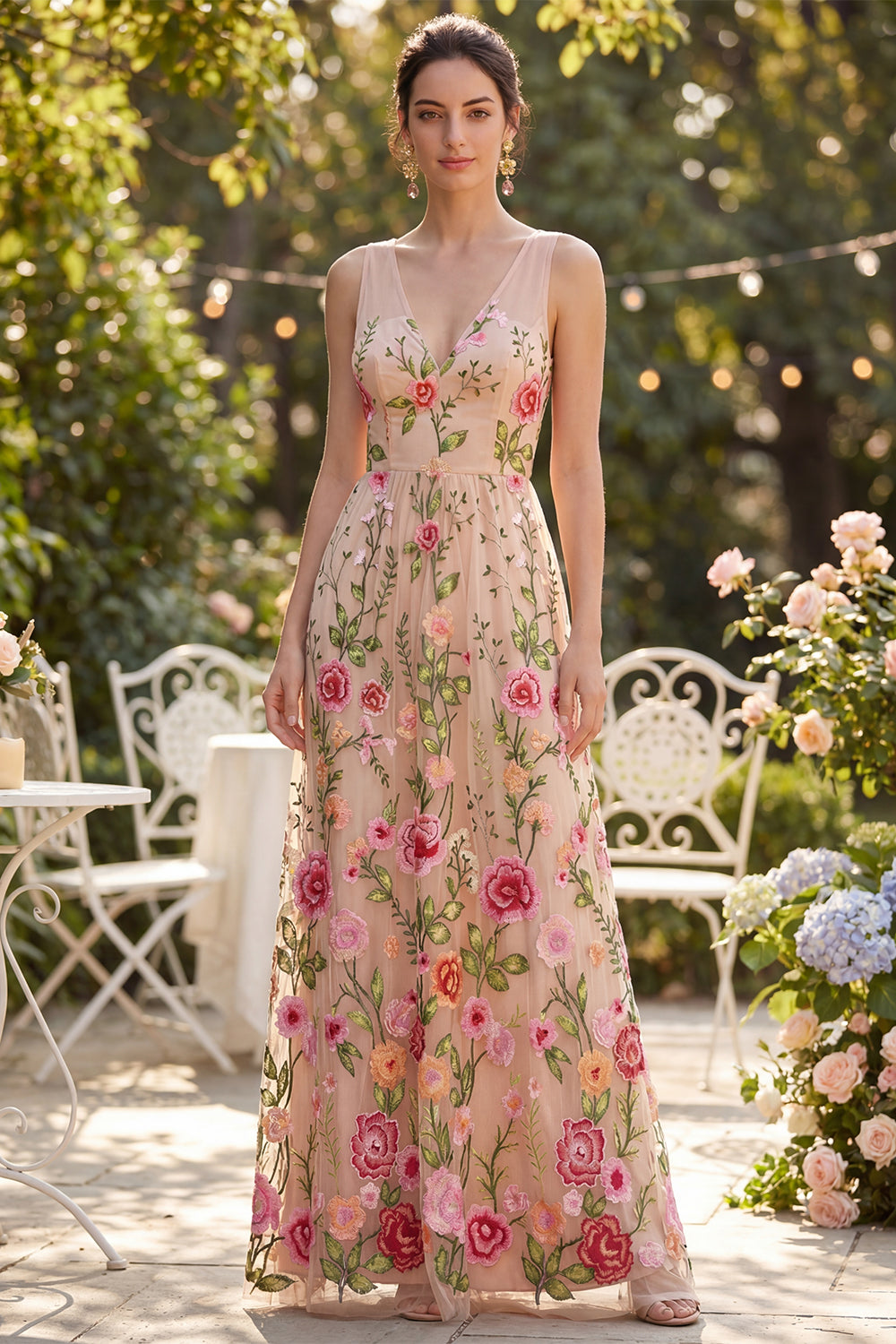 Blush V Neck A Line Appliqued Maxi Floral Wedding Guest Dress