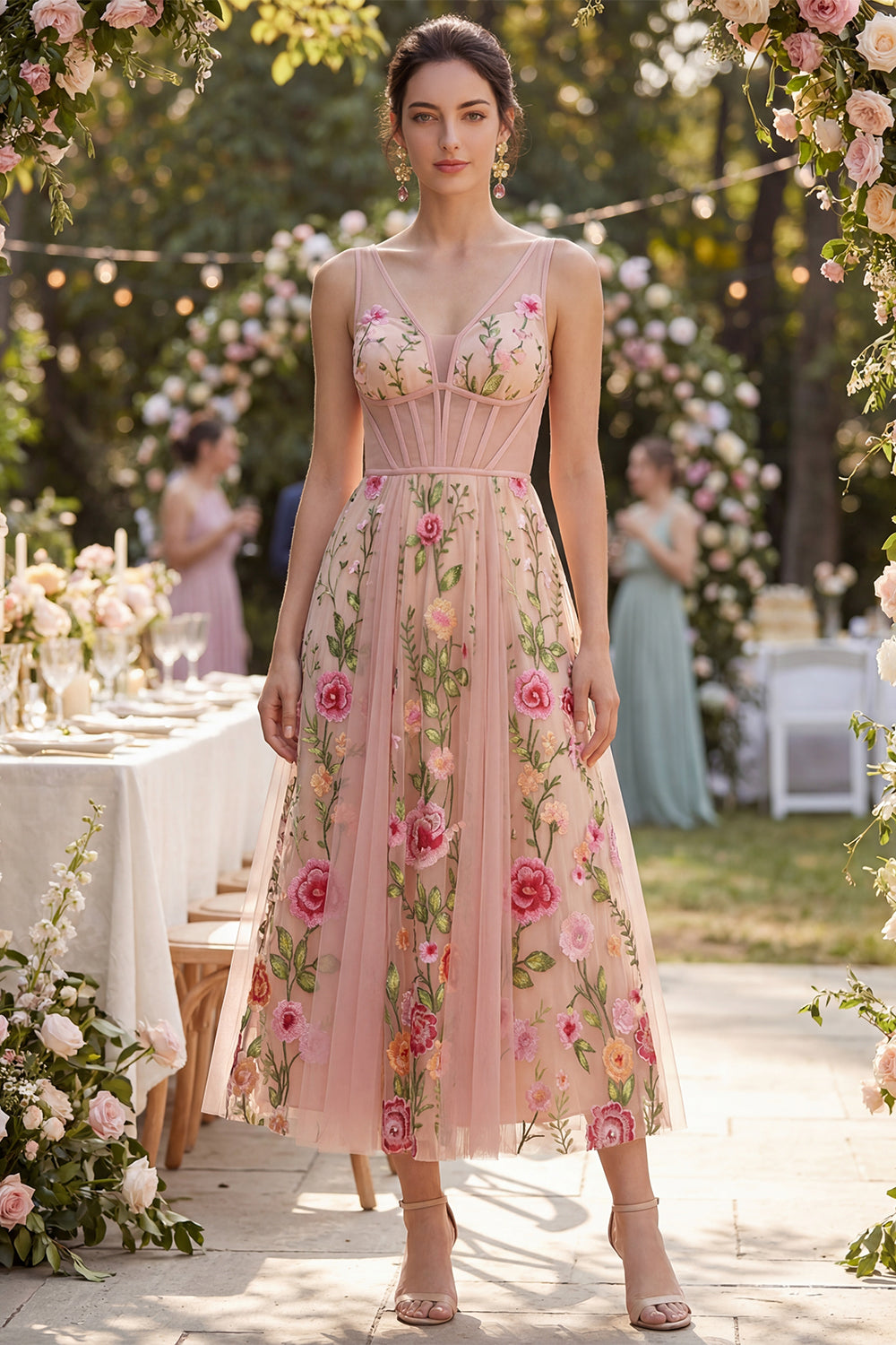 Blush Corset V Neck A Line Floral Maxi Wedding Guest Dress