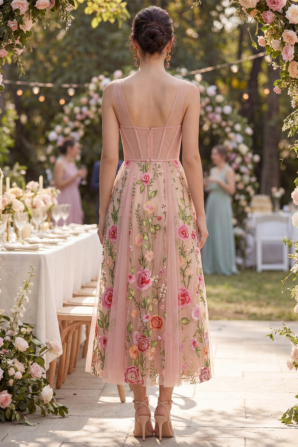 Blush Corset V Neck A Line Floral Maxi Wedding Guest Dress