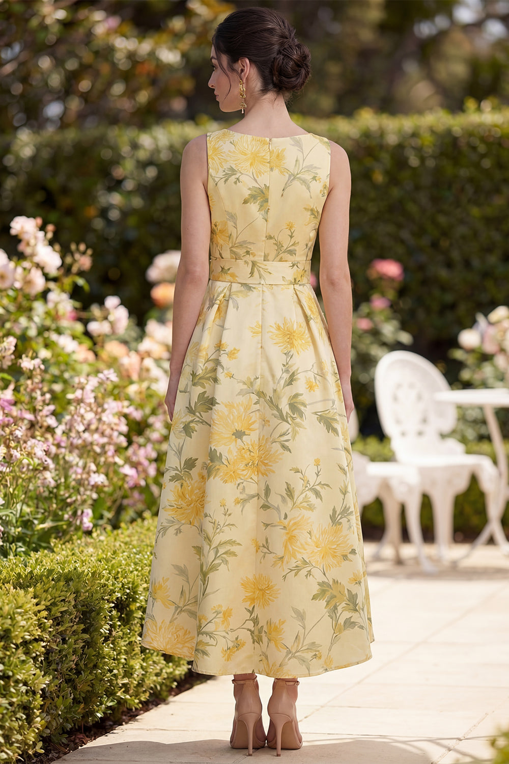 Butter Yellow A Line V Neck Maxi Floral Wedding Guest Dress with Bow
