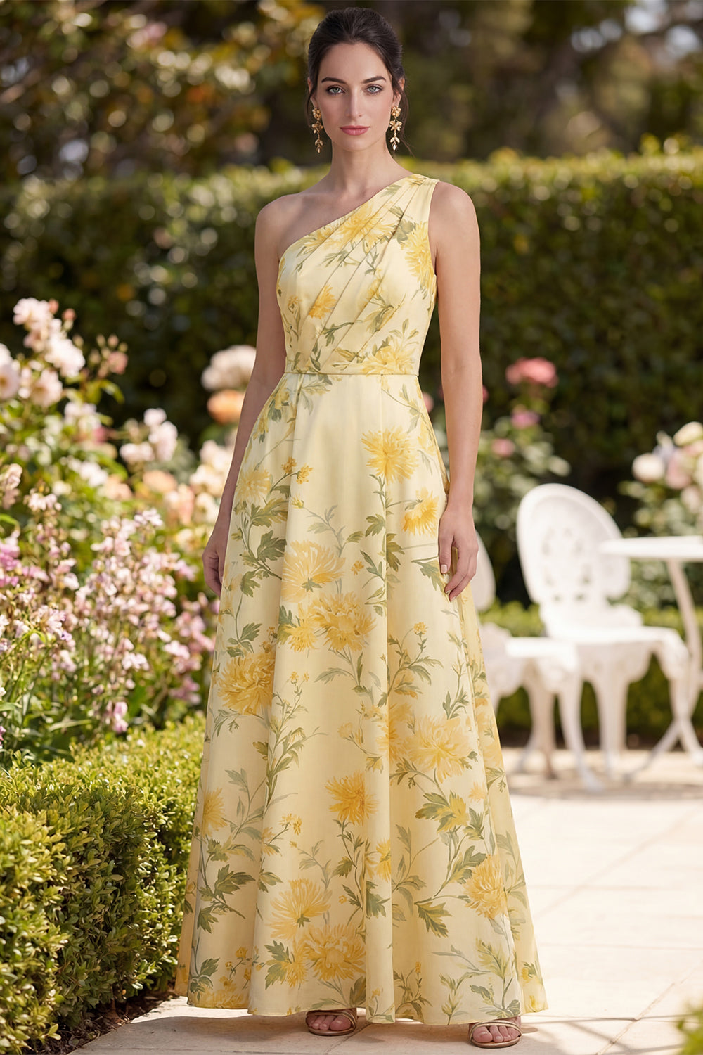 Floral Butter Yellow A Line One Shoulder Ruched Maxi Wedding Guest Dress