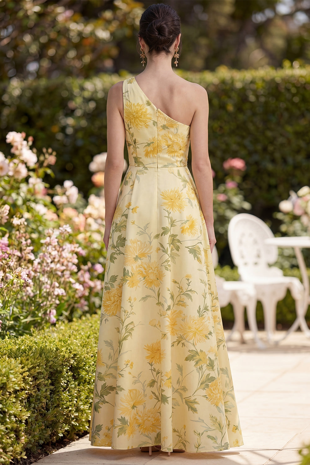 Floral Butter Yellow A Line One Shoulder Ruched Maxi Wedding Guest Dress