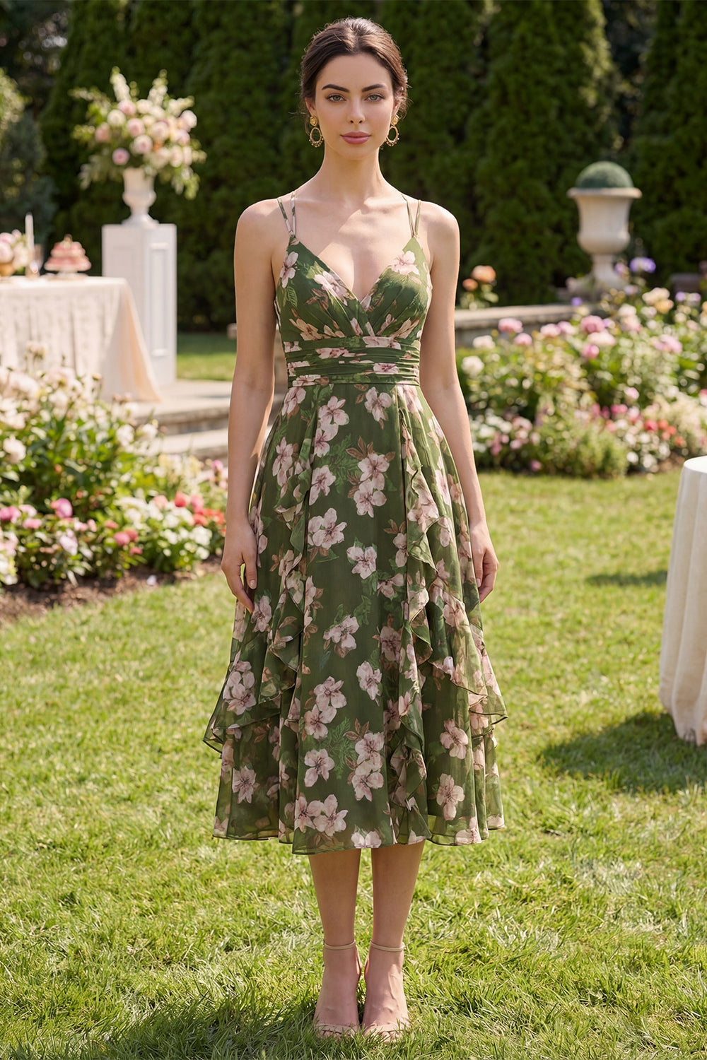 Dark Green Floral A Line Spaghetti Straps Midi Beach Wedding Guest Dress with Ruffles