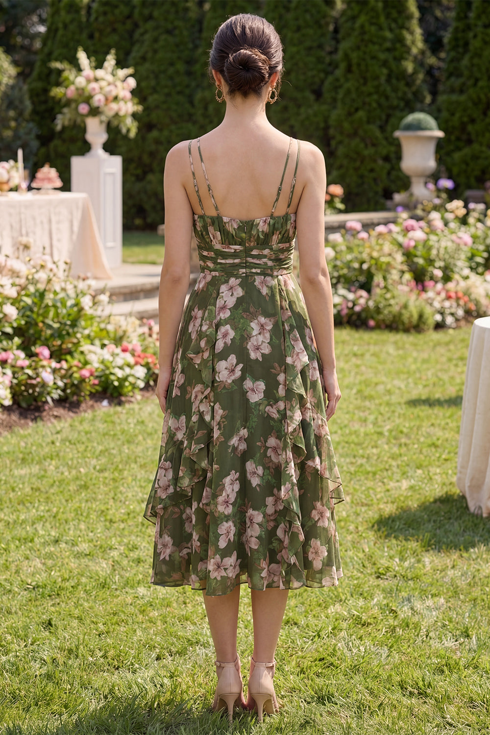 Dark Green Floral A Line Spaghetti Straps Midi Beach Wedding Guest Dress with Ruffles
