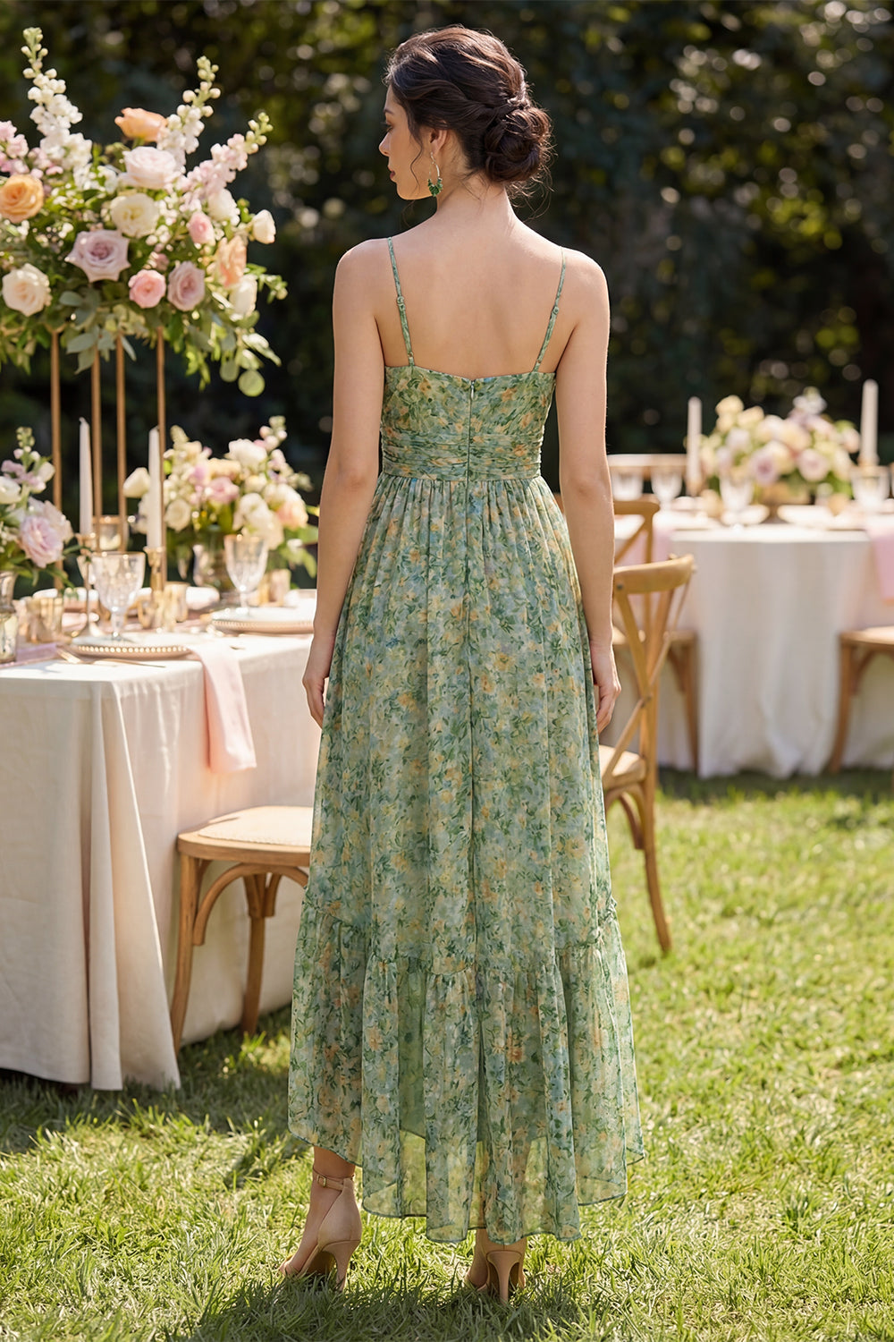 Dusty Green Floral V-Neck A Line Ruffled High Low Beach Wedding Guest Dress