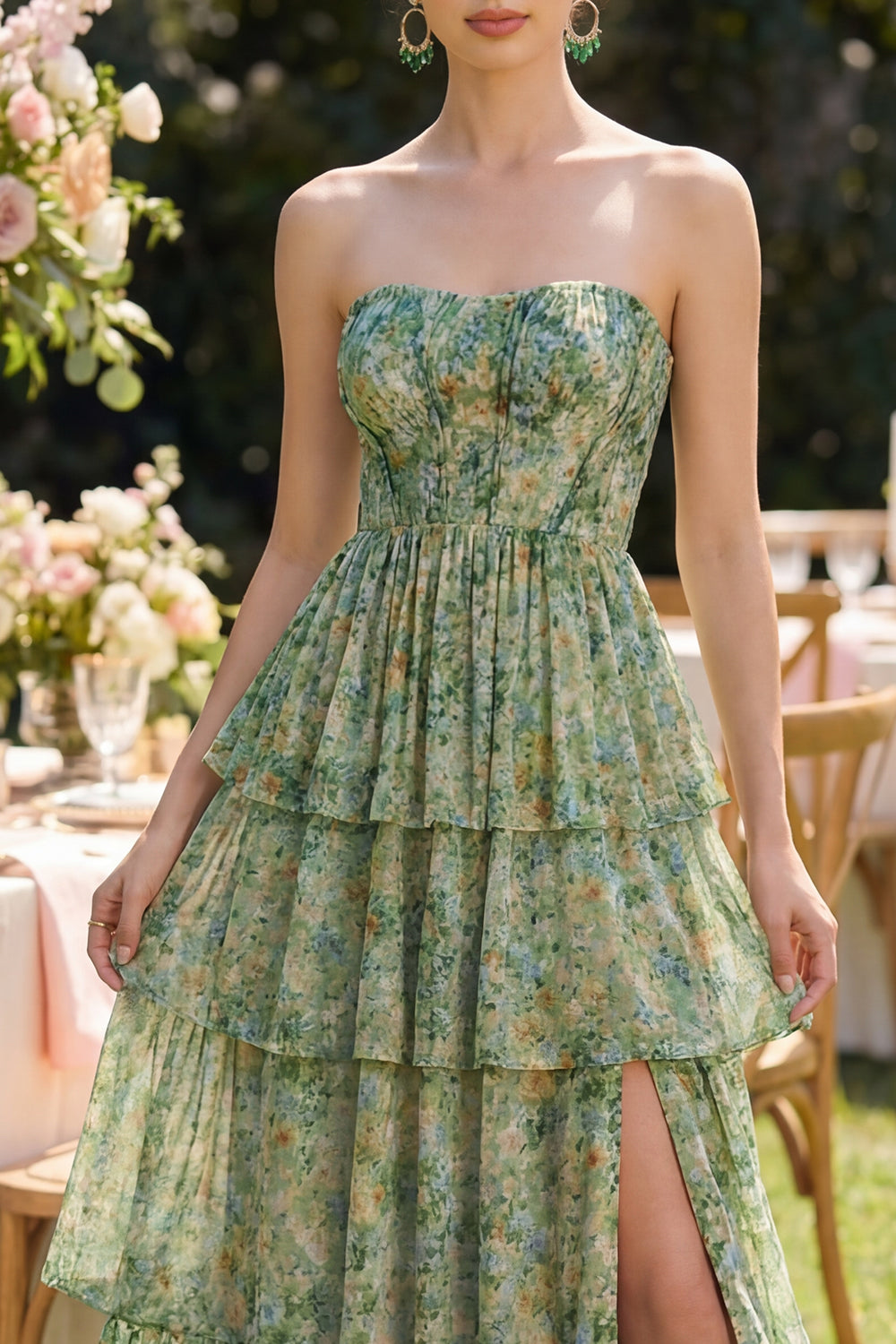 Dusty Green Corset Strapless Floral A Line Maxi Wedding Guest Dress with Ruffles