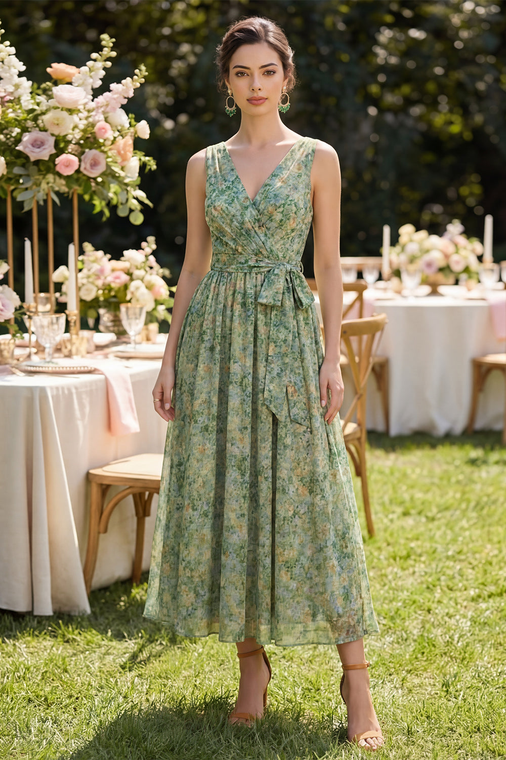 Dusty Green Floral A Line V Neck Maxi Beach Wedding Guest Dress with Bow