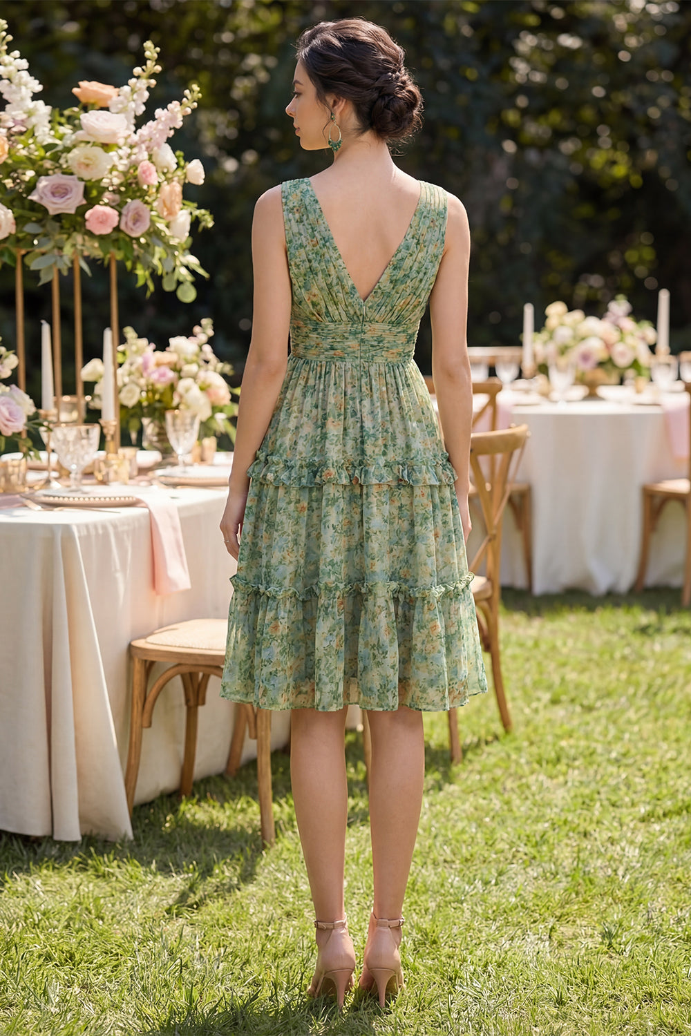 A Line Dusty Green V Neck Tiered Floral Midi Beach Wedding Guest Dress with Ruffles