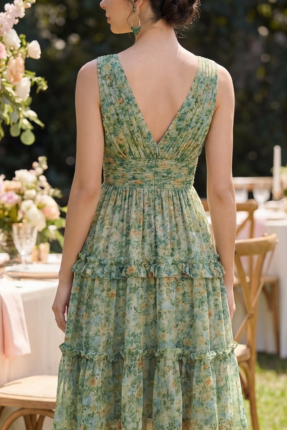 A Line Dusty Green V Neck Tiered Floral Midi Beach Wedding Guest Dress with Ruffles