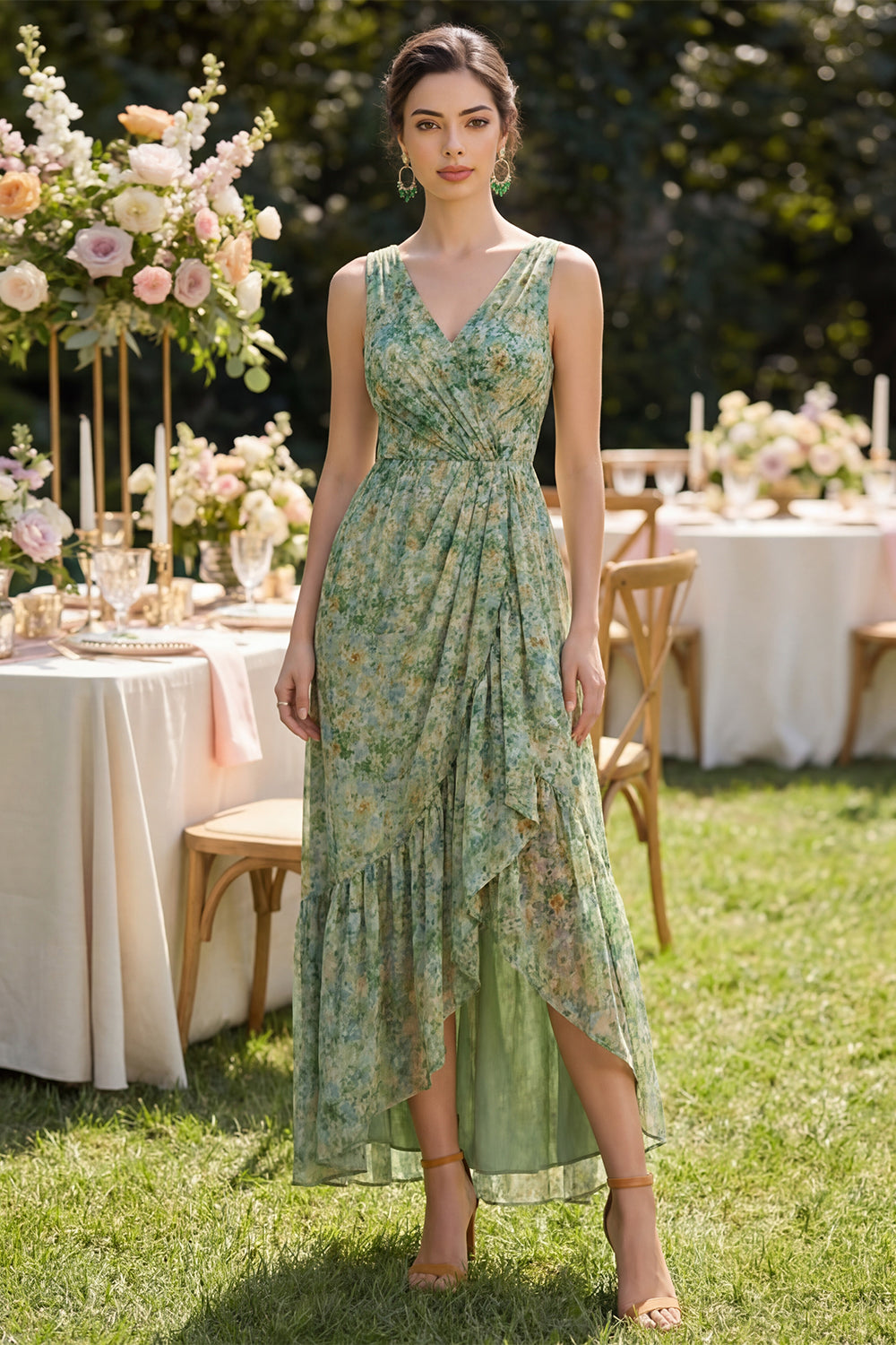 Dusty Green Floral V Neck High Low Beach Wedding Guest Dress with Ruffles