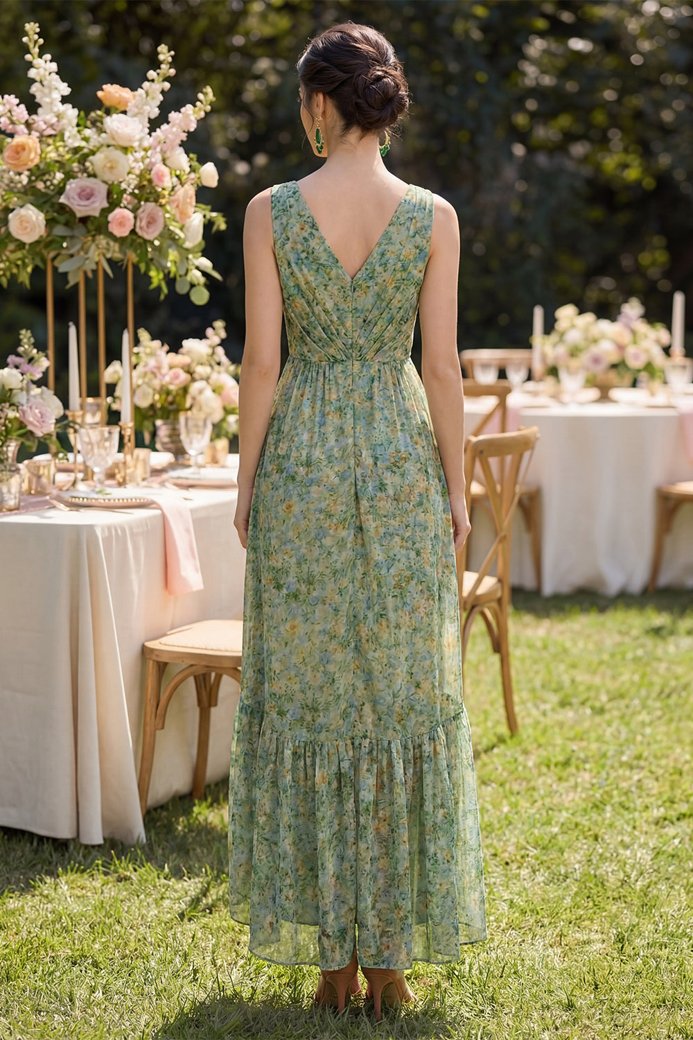Dusty Green Floral V Neck High Low Beach Wedding Guest Dress with Ruffles
