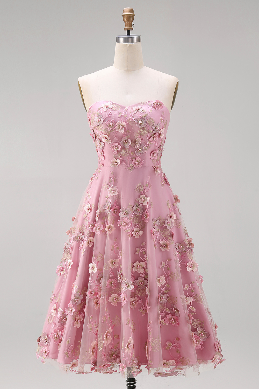 Floral Pink Fuchsia Strapless A Line Midi Wedding Guest Dress