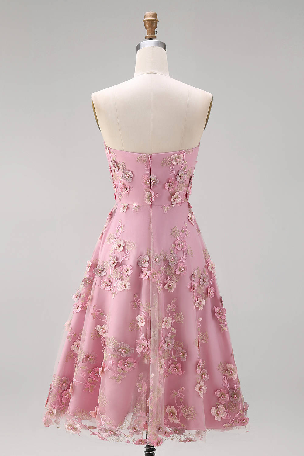 Floral Pink Fuchsia Strapless A Line Midi Wedding Guest Dress