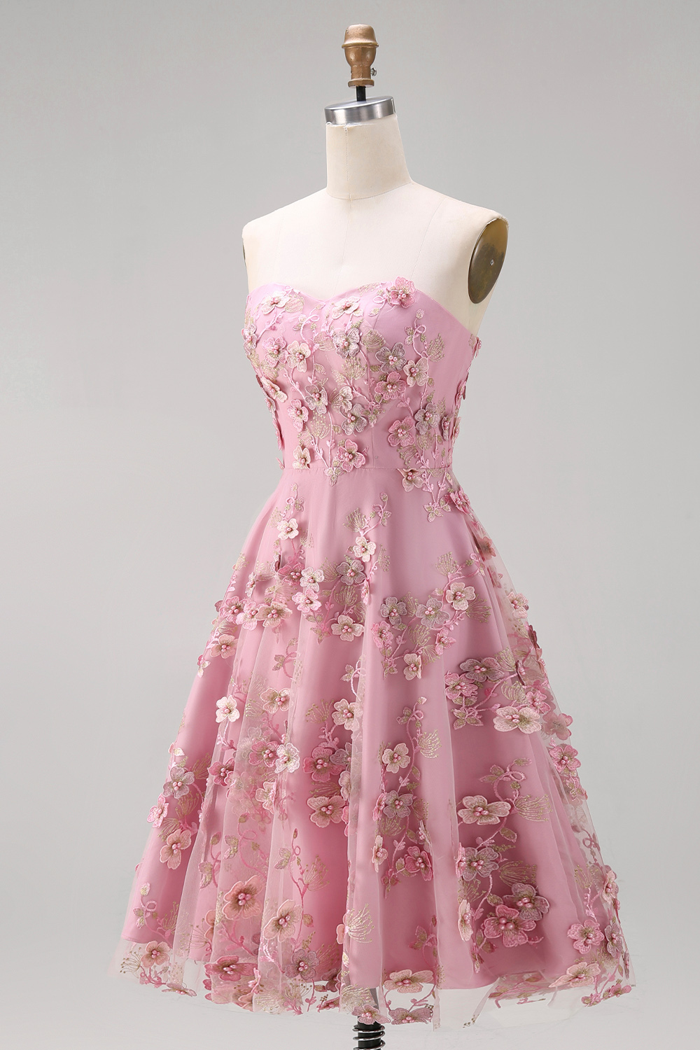 Floral Pink Fuchsia Strapless A Line Midi Wedding Guest Dress