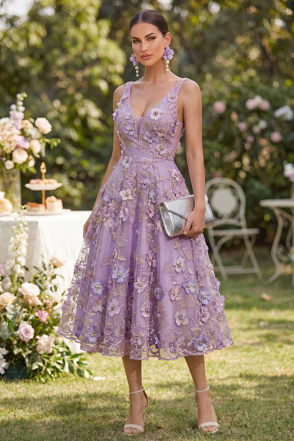 Lilac A Line V Neck Floral Midi Wedding Guest Dress