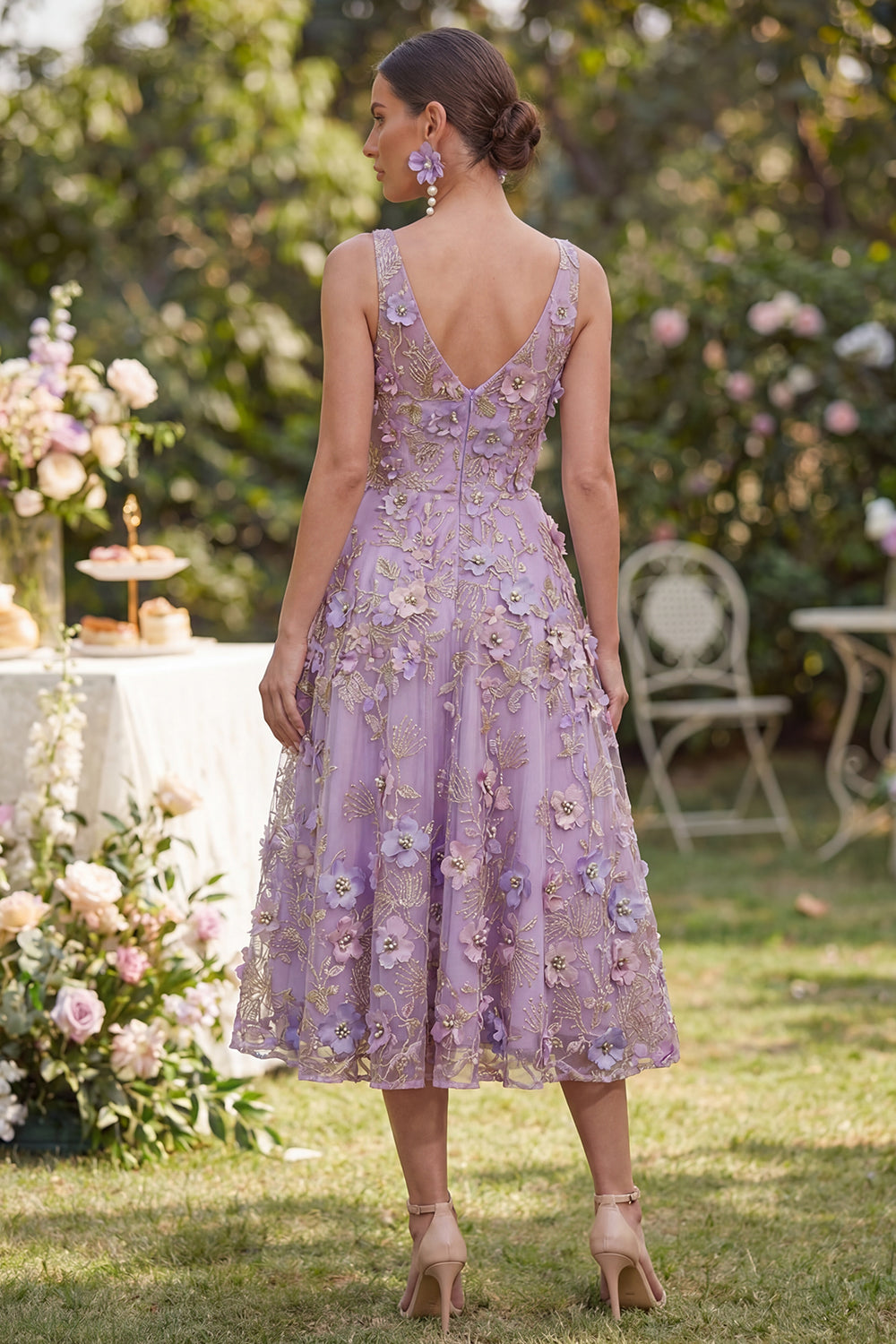 Lilac A Line V Neck Floral Midi Wedding Guest Dress