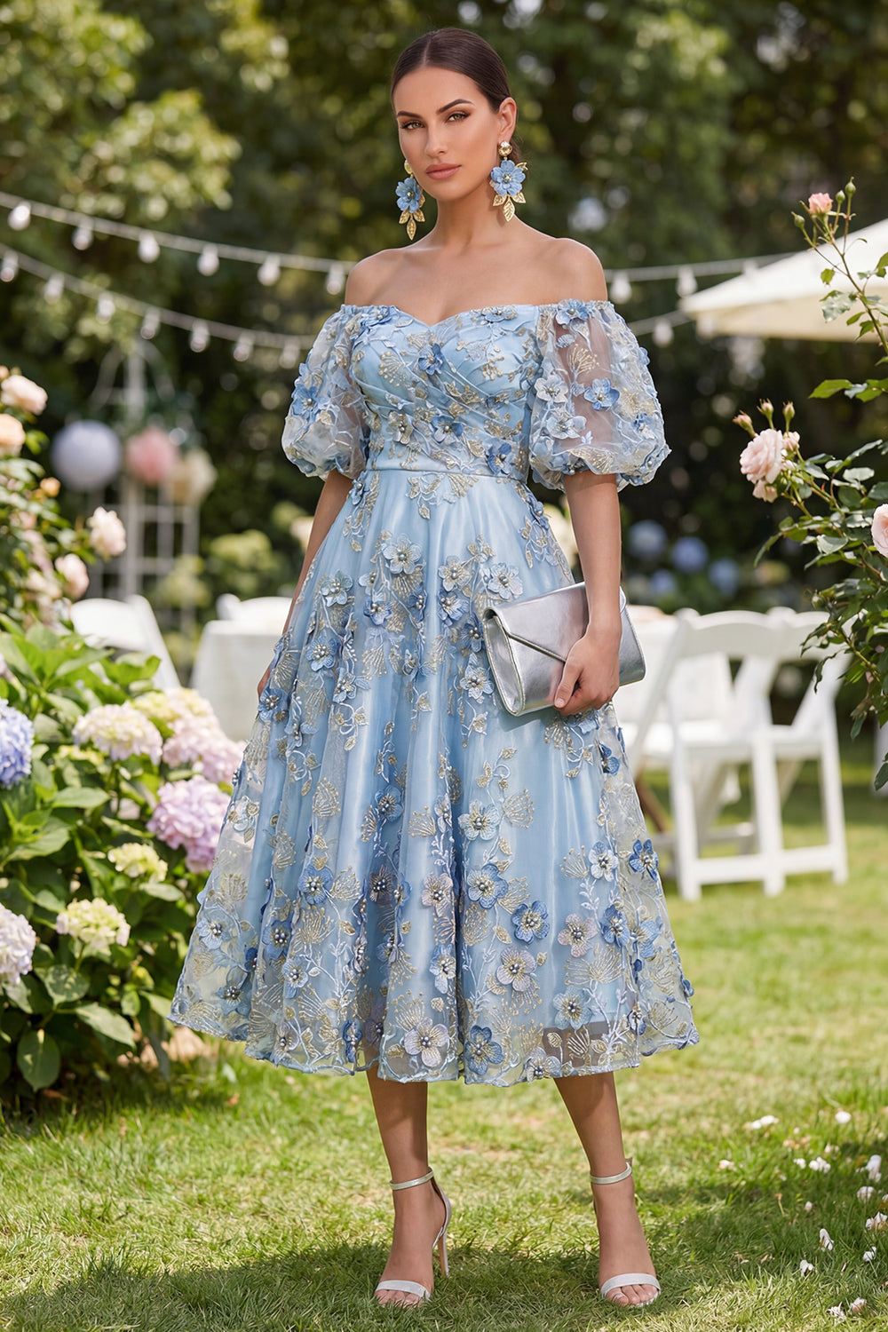Blue Floral Puff Sleeves A Line Midi Wedding Guest Dress