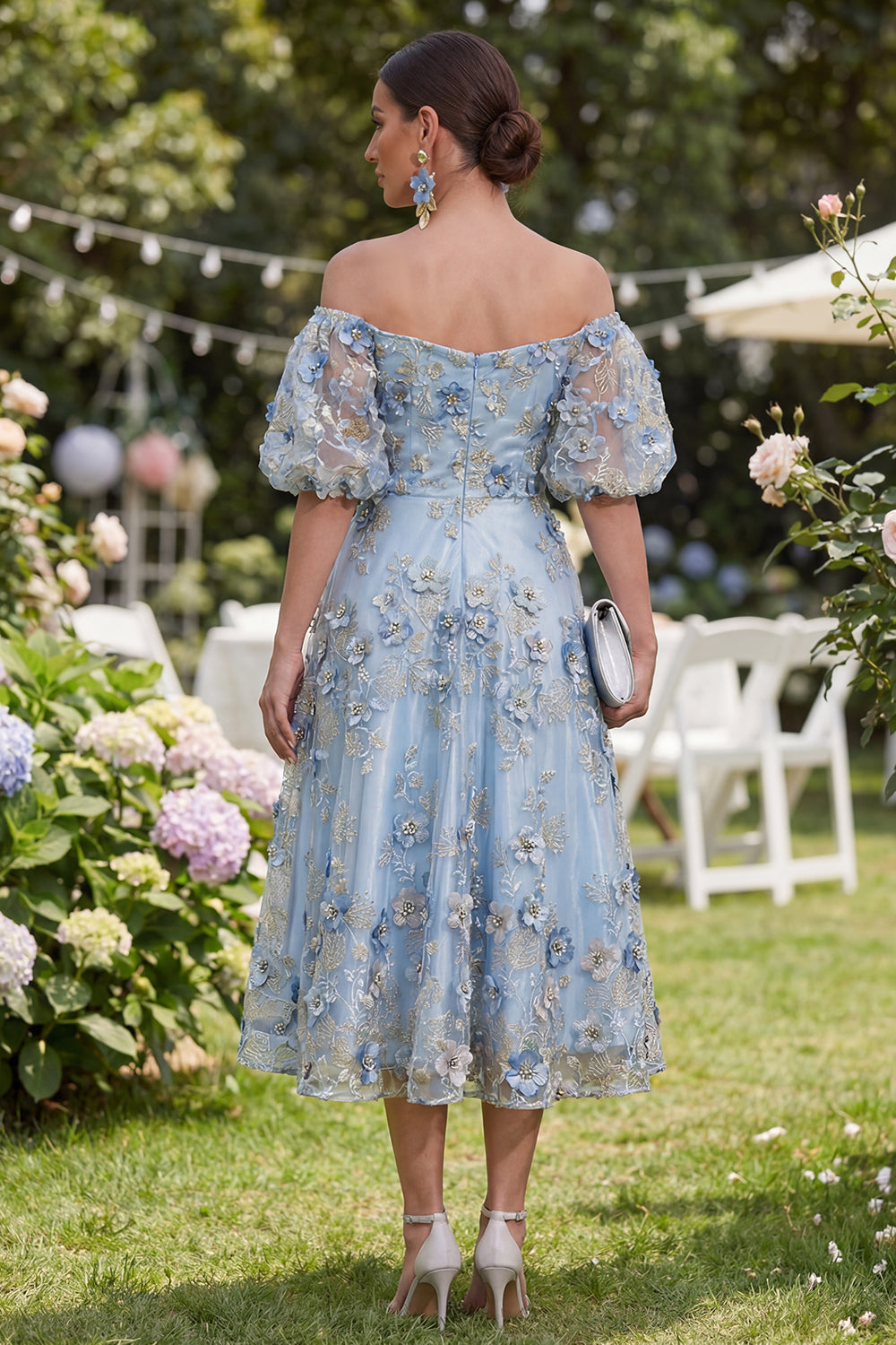 Blue Floral Puff Sleeves A Line Midi Wedding Guest Dress