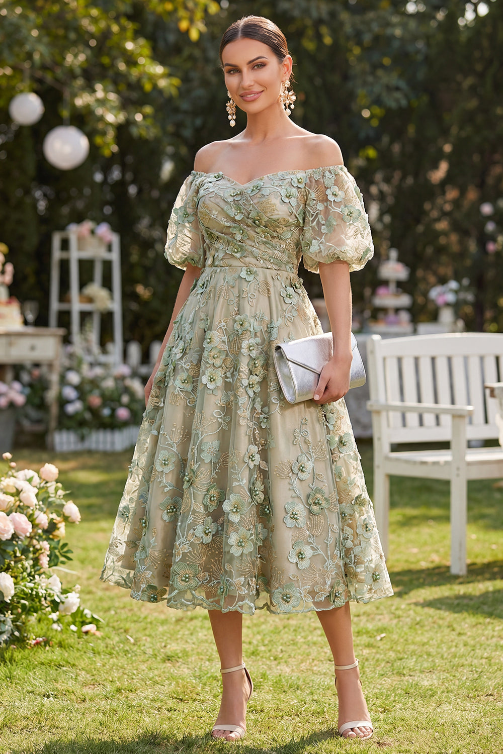 Blue Floral Puff Sleeves A Line Midi Wedding Guest Dress