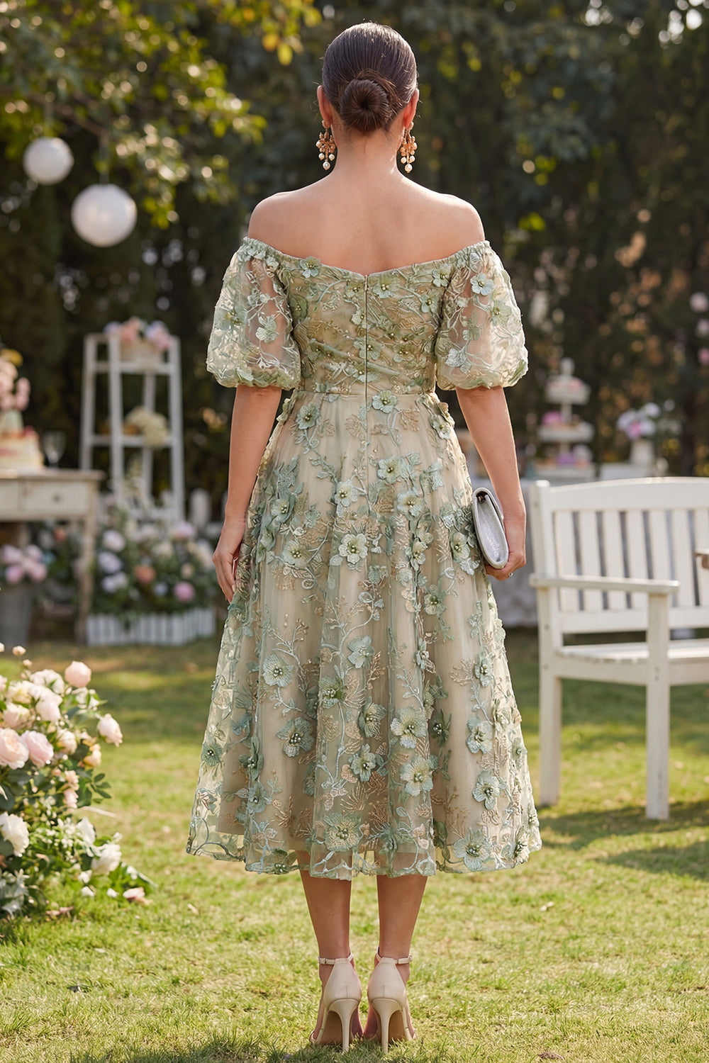 Blue Floral Puff Sleeves A Line Midi Wedding Guest Dress