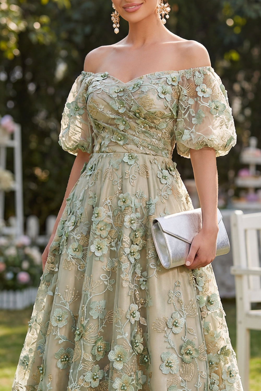 Blue Floral Puff Sleeves A Line Midi Wedding Guest Dress