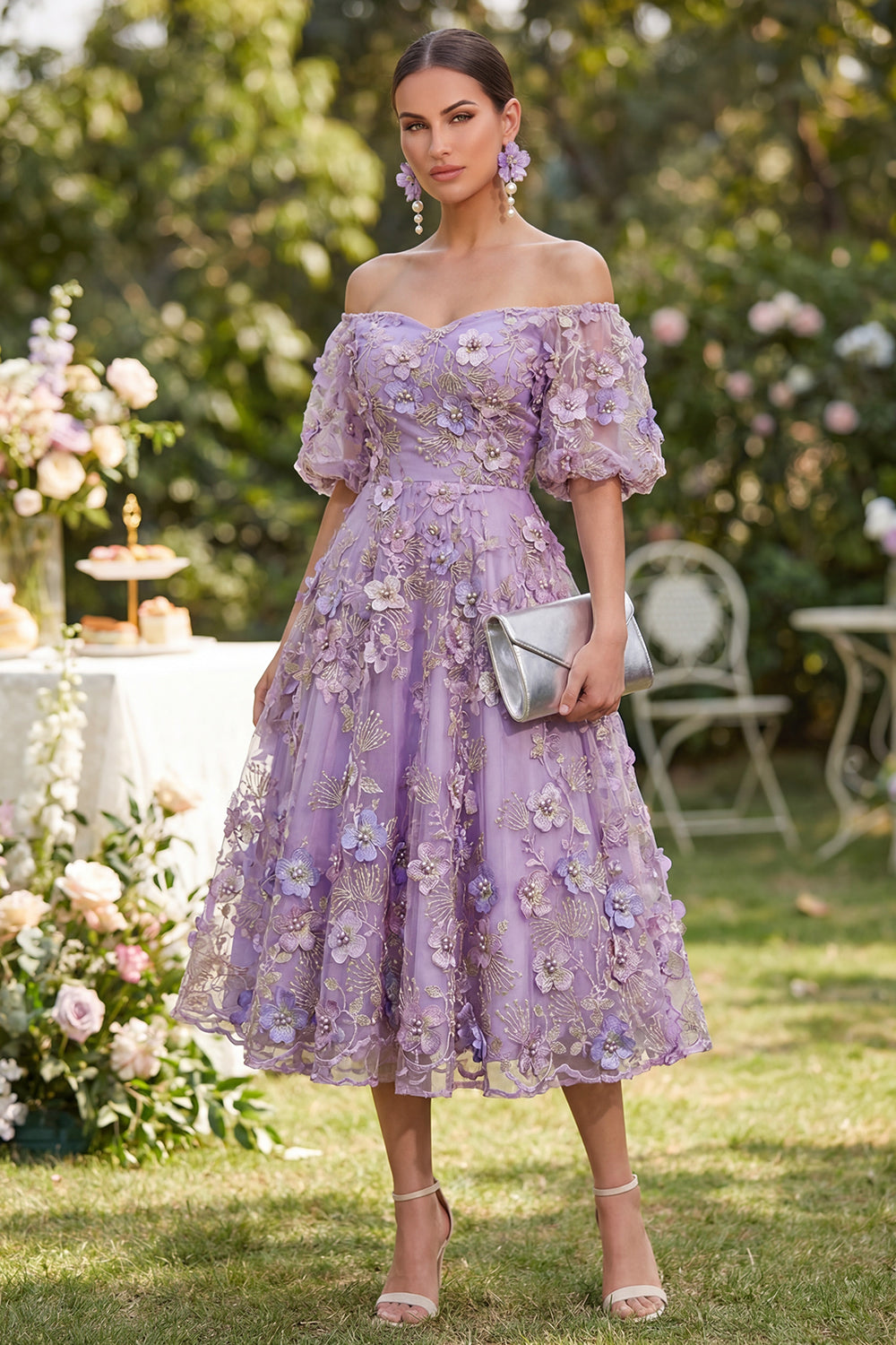 Blue Floral Puff Sleeves A Line Midi Wedding Guest Dress