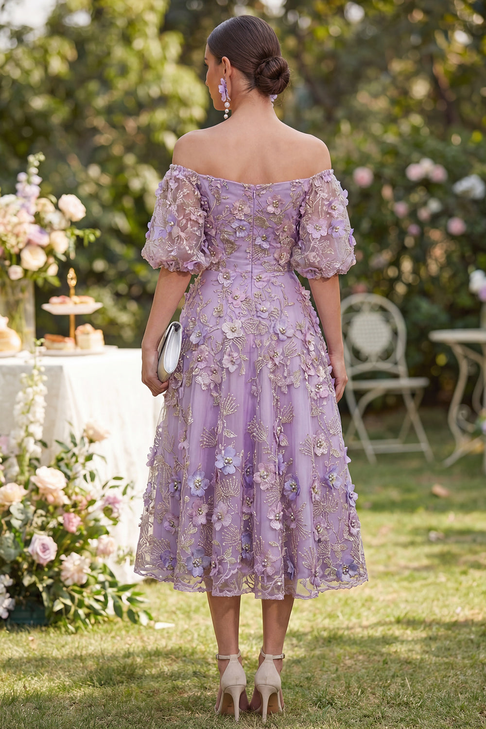 Blue Floral Puff Sleeves A Line Midi Wedding Guest Dress