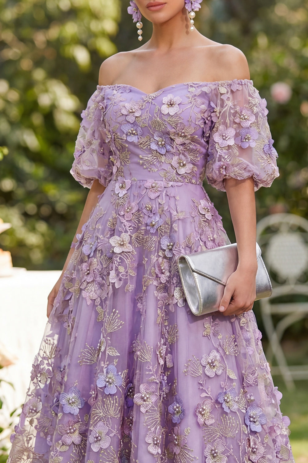 Blue Floral Puff Sleeves A Line Midi Wedding Guest Dress