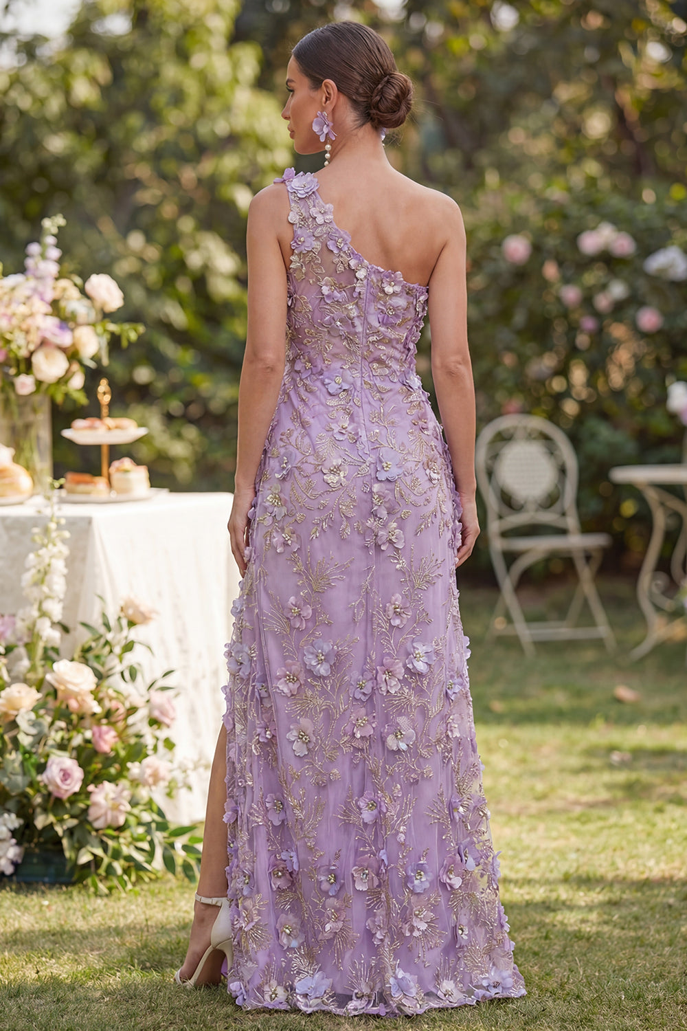 Floral Lilac One Shoulder Maxi Wedding Guest Dress with Slit