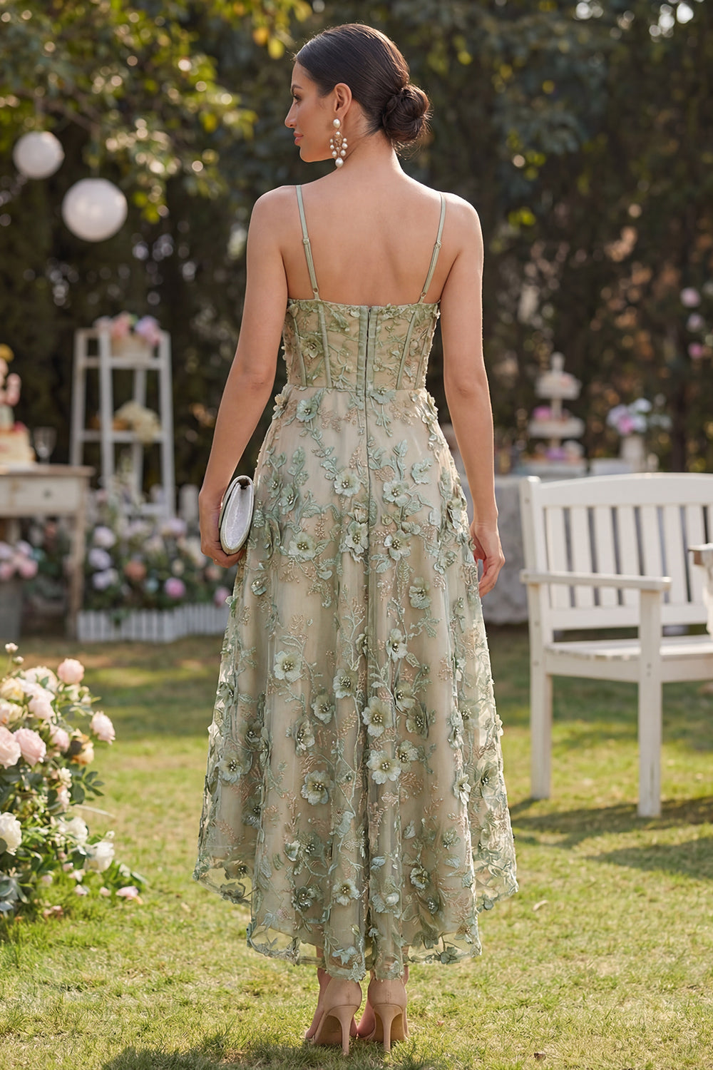 Dusty Green Corset A Line Floral High Low Wedding Guest Dress