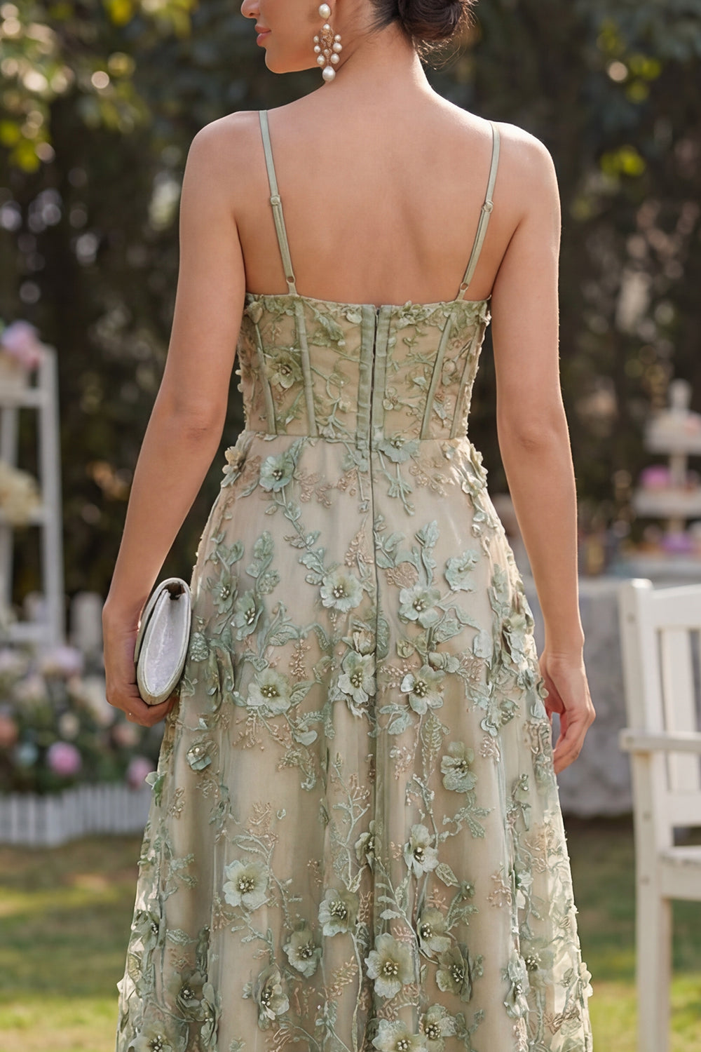 Dusty Green Corset A Line Floral High Low Wedding Guest Dress