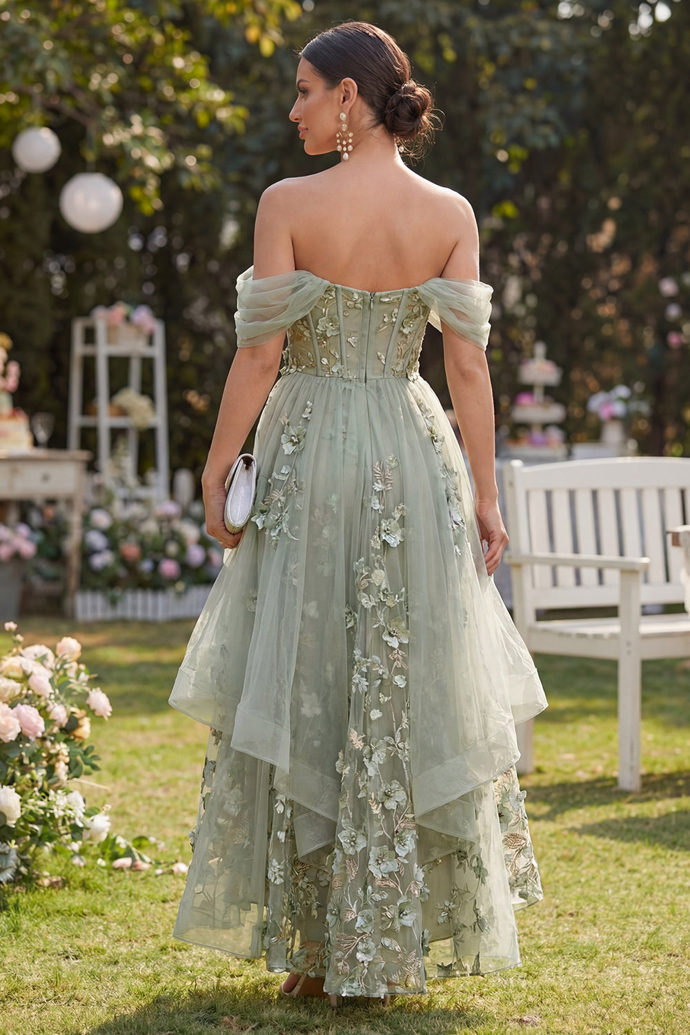 Dusty Green Ruffled Corset A Line Floral Maxi Wedding Guest Dress