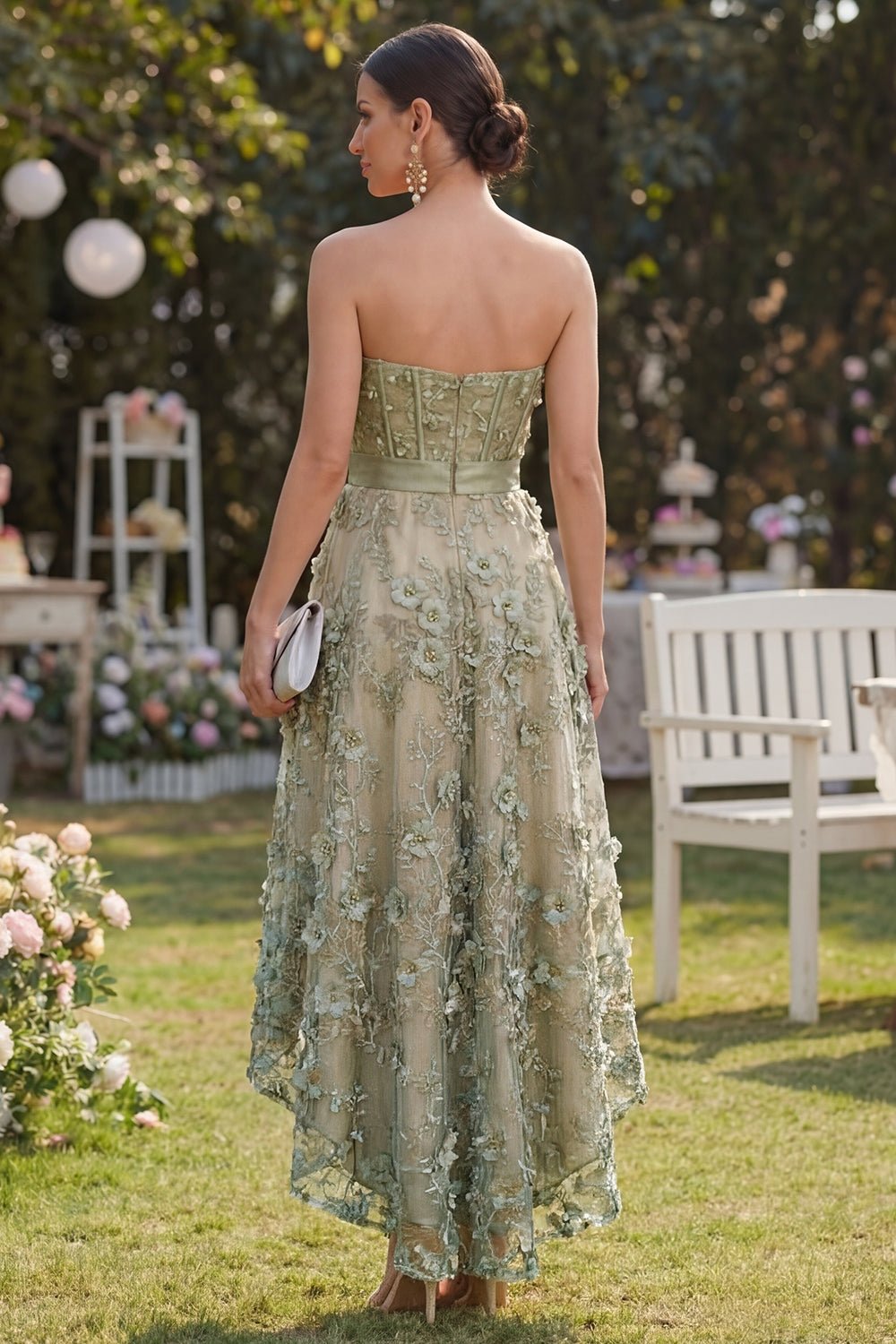Corset Dusty Green Floral A Line High Low Wedding Guest Dress