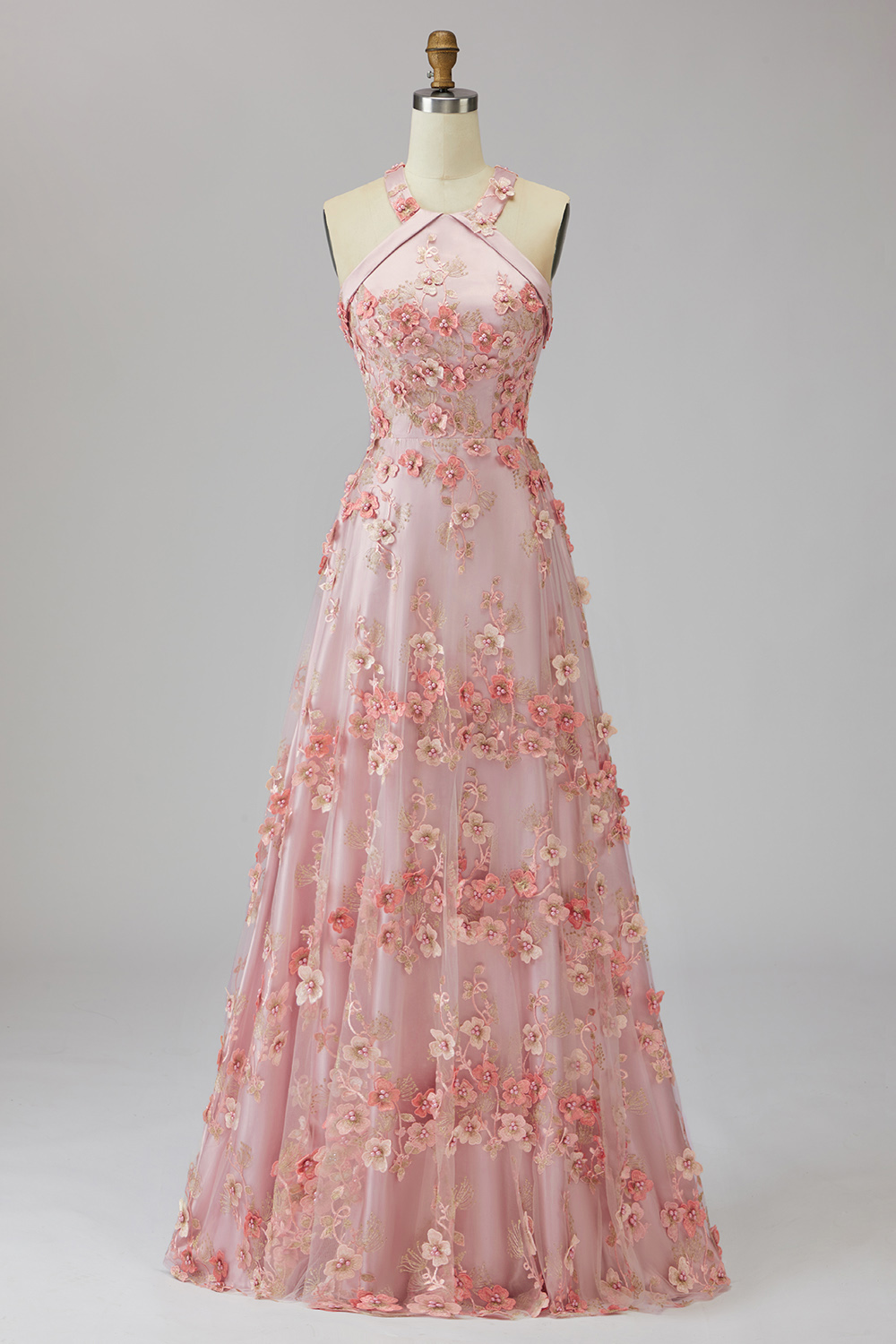 Pink Orange Floral Halter A Line Maxi Wedding Guest Dress
