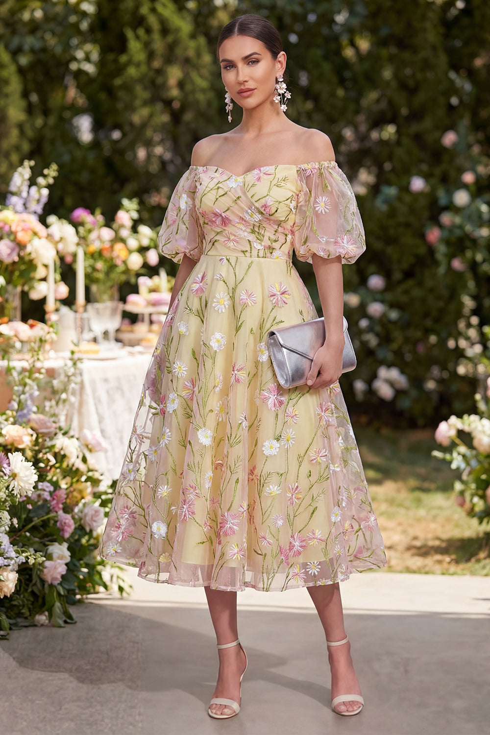 Floral Light Yellow Ruched A Line Puff Sleeves Midi Wedding Guest Dress