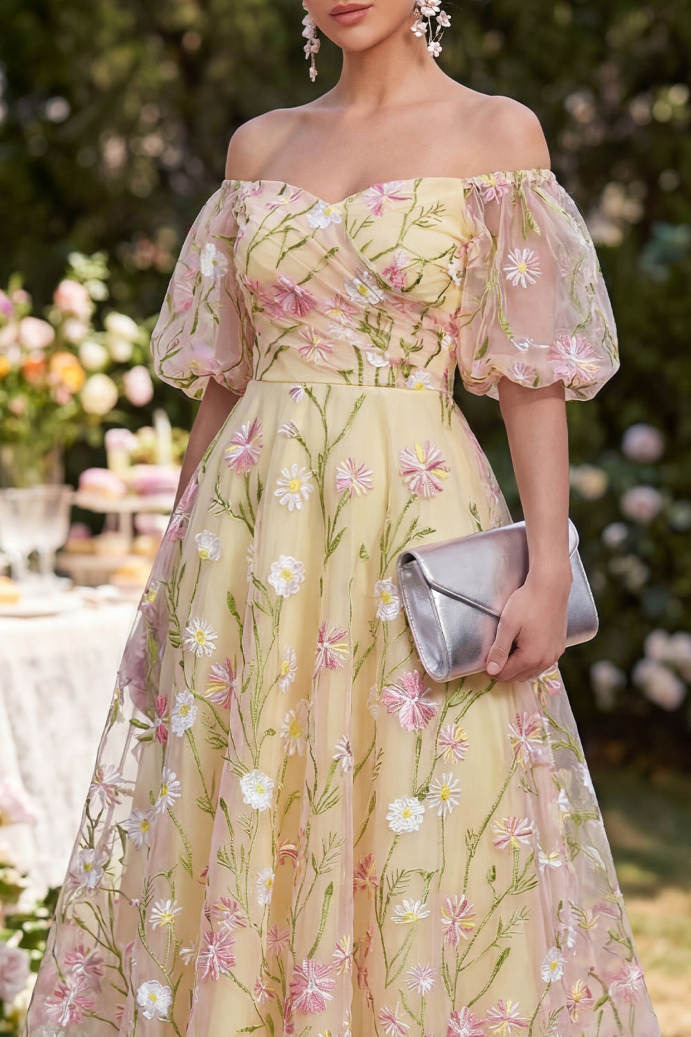 Floral Light Yellow Ruched A Line Puff Sleeves Midi Wedding Guest Dress