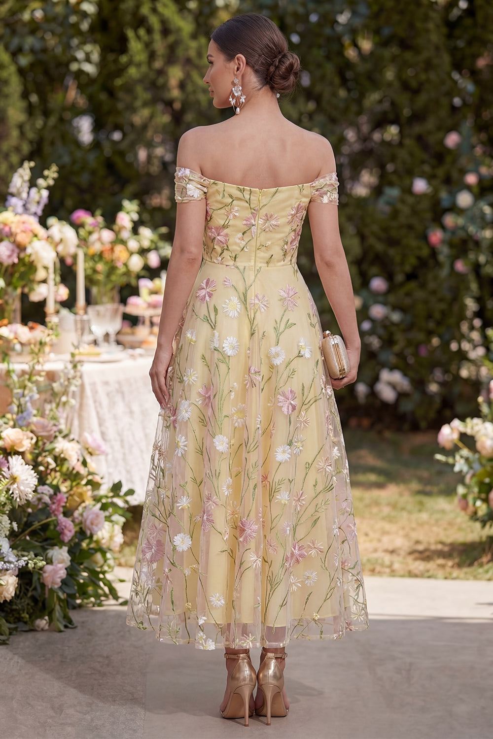 Light Yellow A Line Off the Shoulder Floral Maxi Wedding Guest Dress