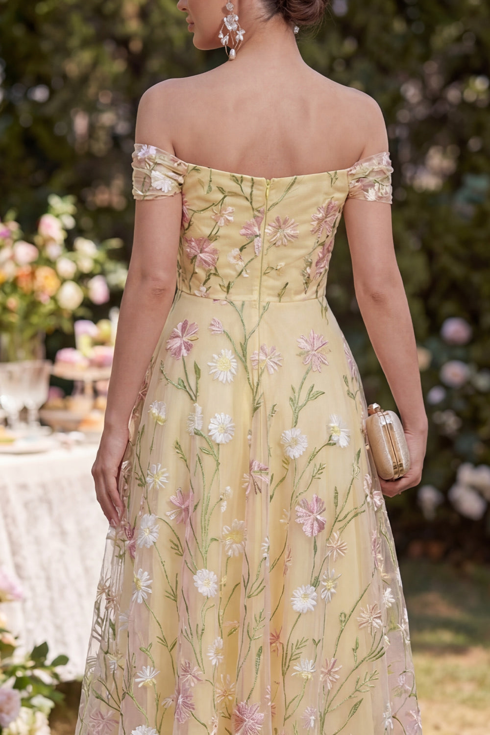 Light Yellow A Line Off the Shoulder Floral Maxi Wedding Guest Dress
