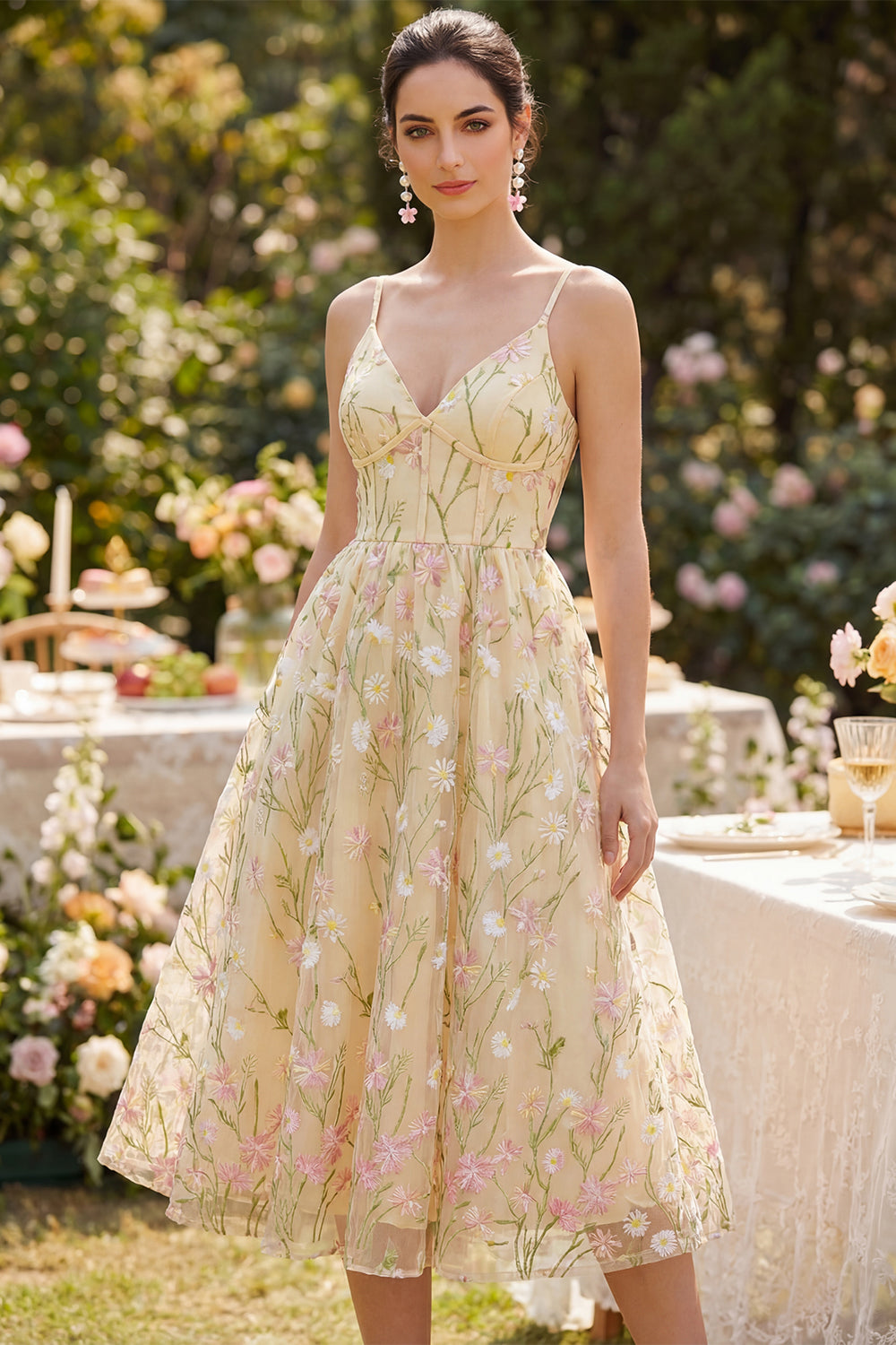 Light Yellow Spaghetti Straps Floral A Line Corset Midi Wedding Guest Dress