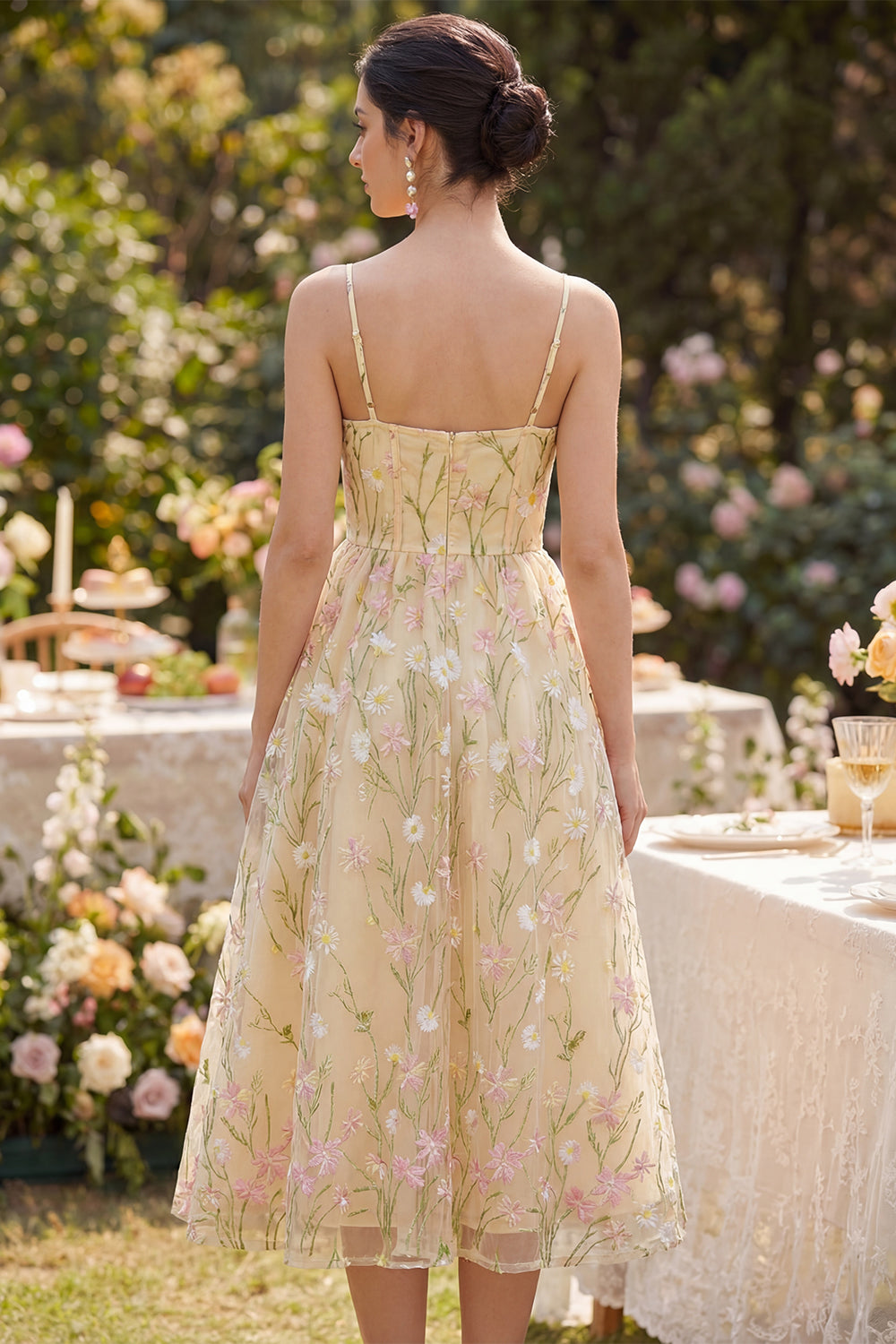 Light Yellow Spaghetti Straps Floral A Line Corset Midi Wedding Guest Dress