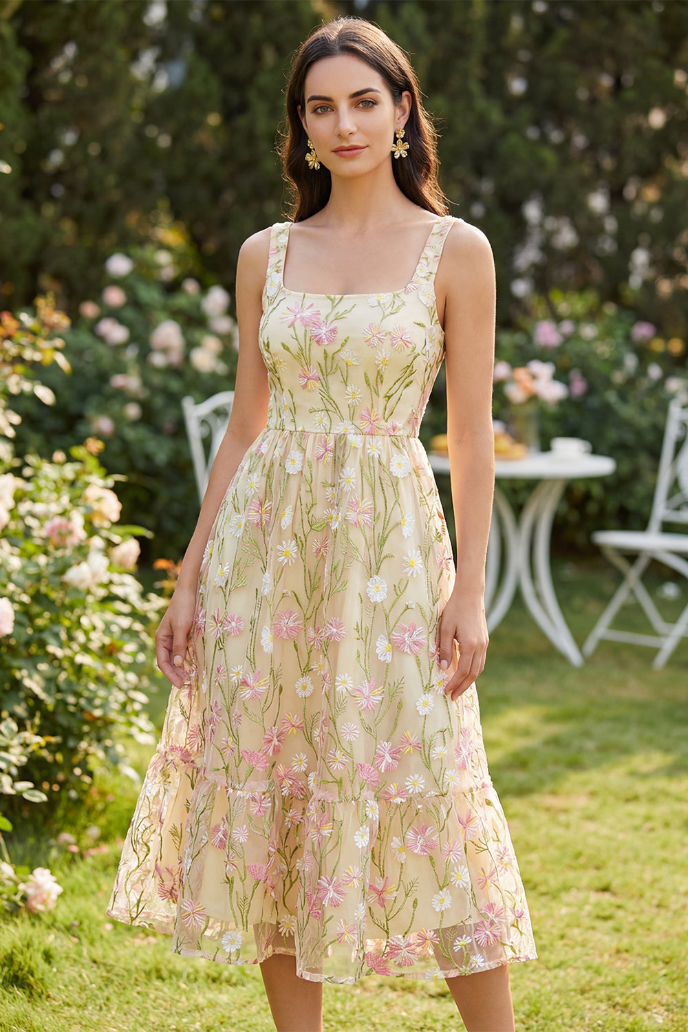 Floral Light Yellow Square Neck A Line Maxi Wedding Guest Dress