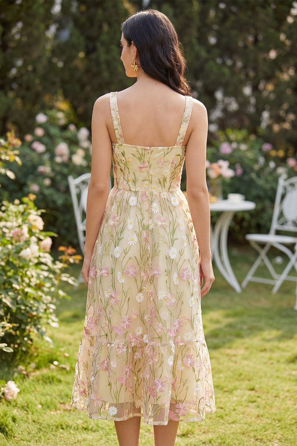 Floral Light Yellow Square Neck A Line Maxi Wedding Guest Dress
