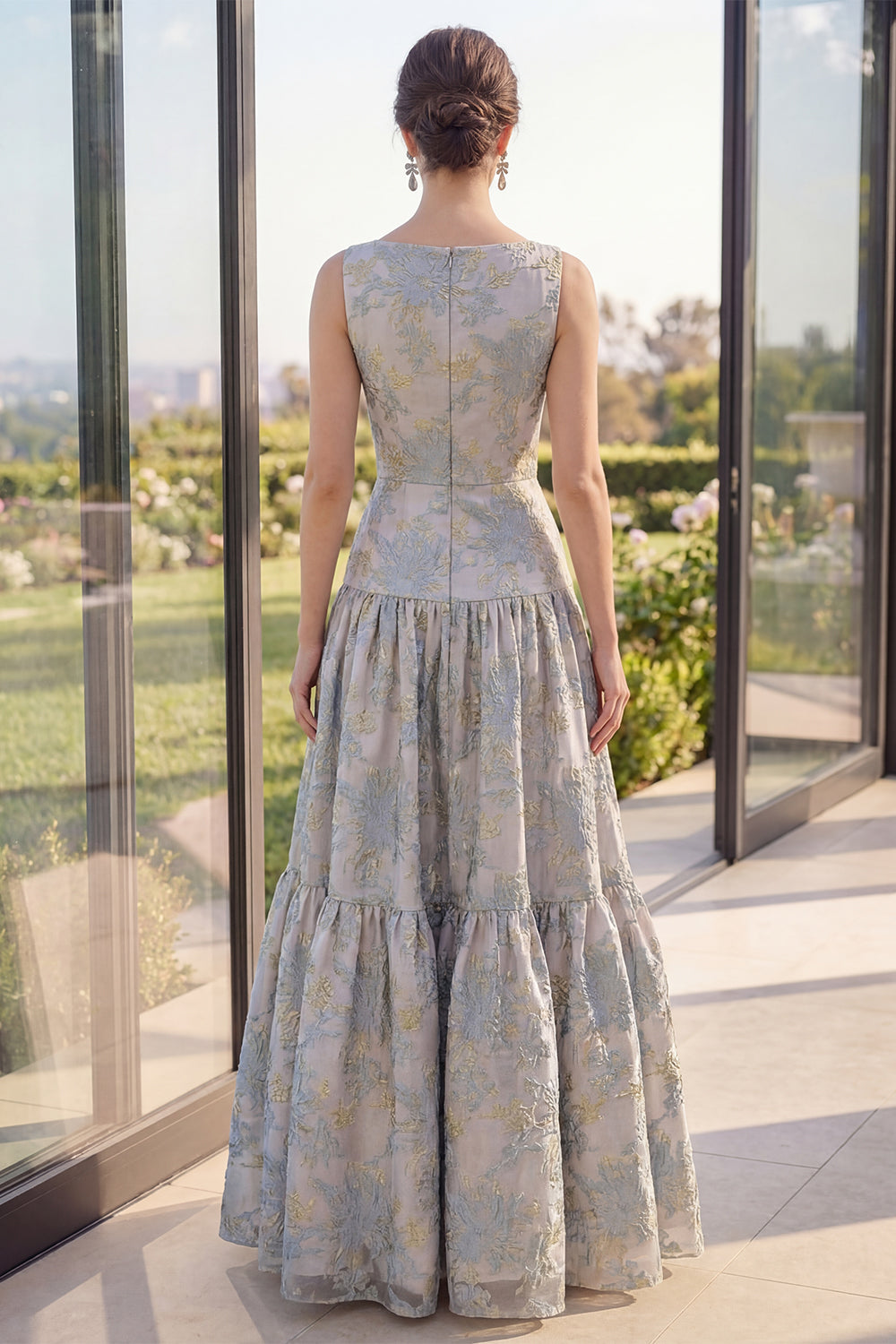 A Line Dusty Blue Jacquard Boat Neck Long Wedding Guest Dress with Bow