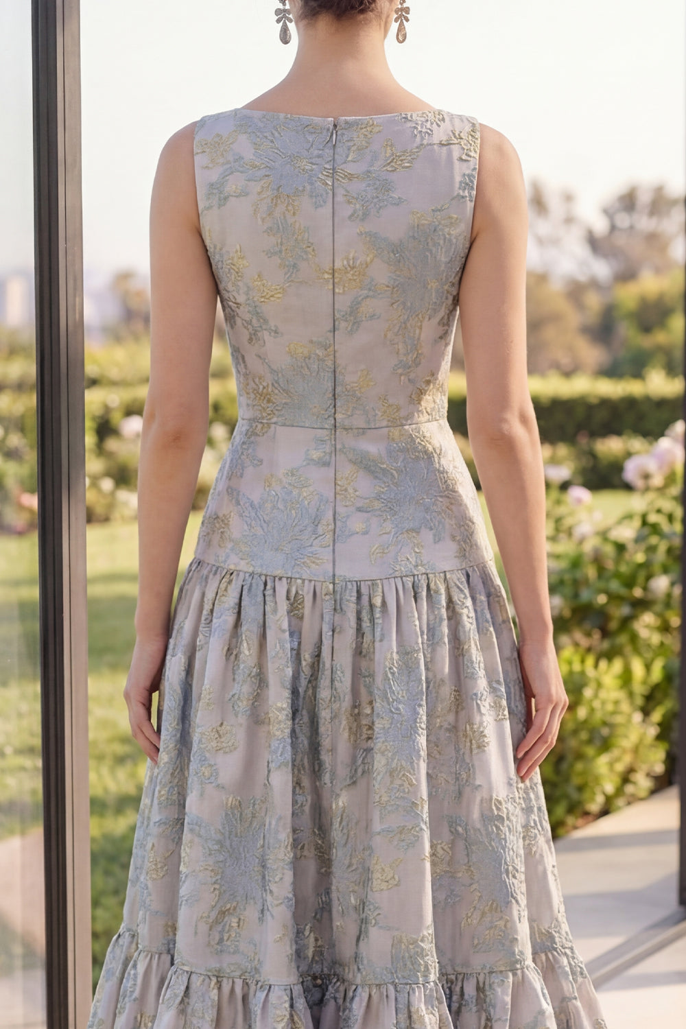 A Line Dusty Blue Jacquard Boat Neck Long Wedding Guest Dress with Bow