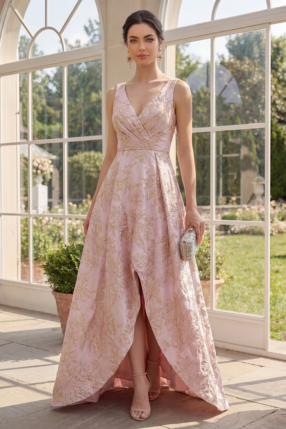 A Line Blush Jacquard V Neck Ruched High Low Wedding Guest Dress