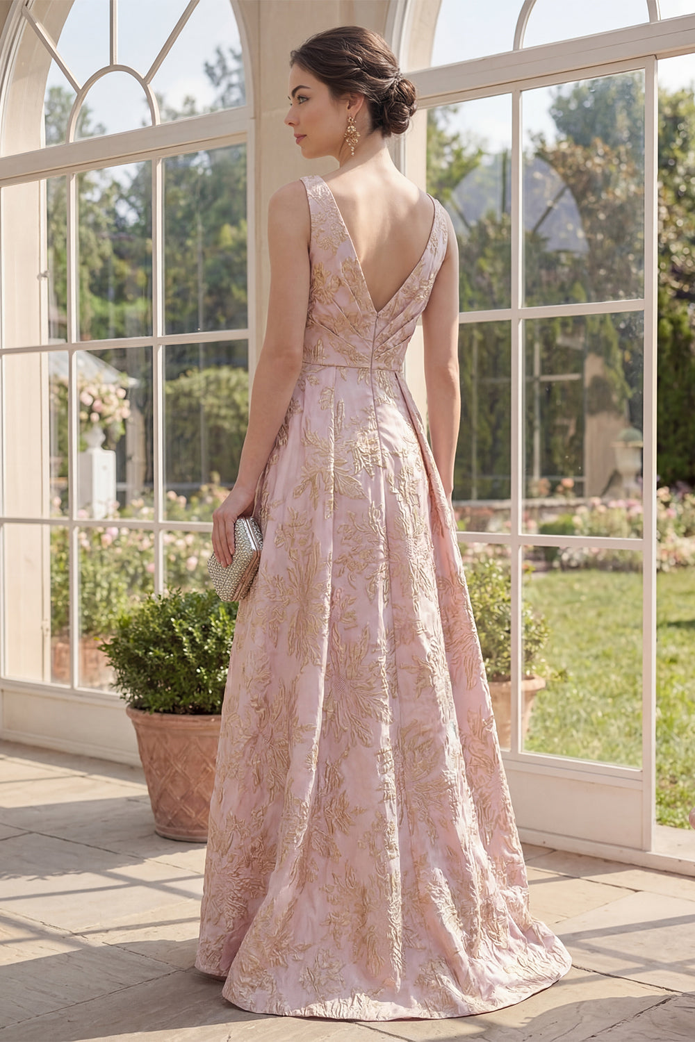 A Line Blush Jacquard V Neck Ruched High Low Wedding Guest Dress