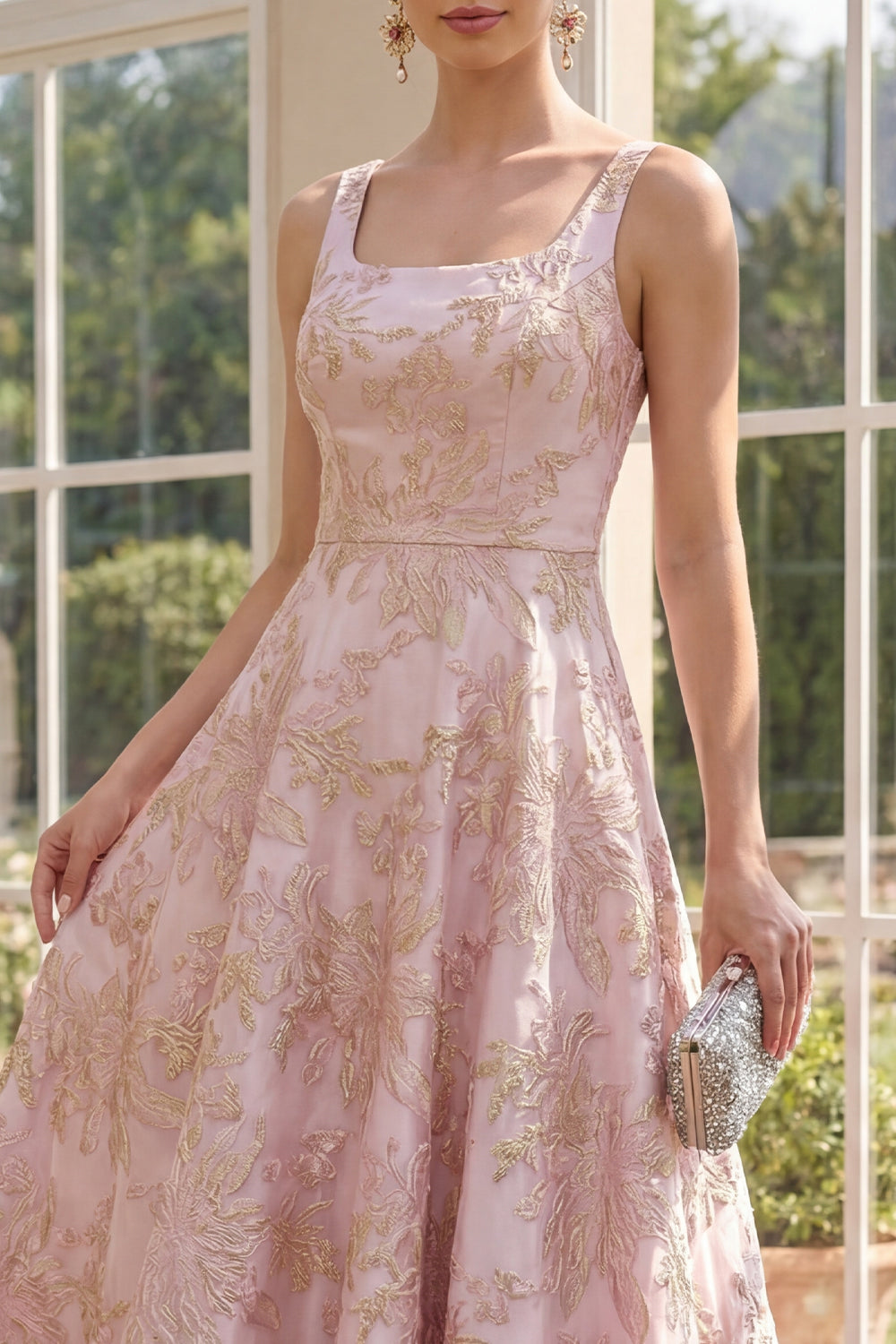 A Line Blush Jacquard Floral Square Neck Long Wedding Guest Dress