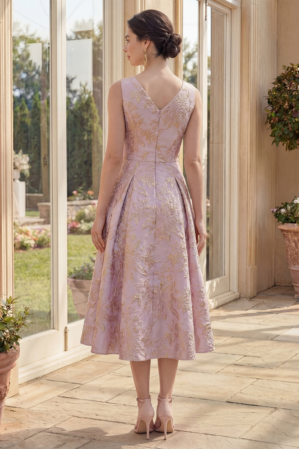 Dusty Lilac Jacquard Round Neck A Line Floral Maxi Wedding Guest Dress