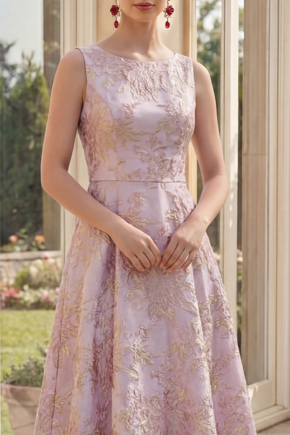 Dusty Lilac Jacquard Round Neck A Line Floral Maxi Wedding Guest Dress